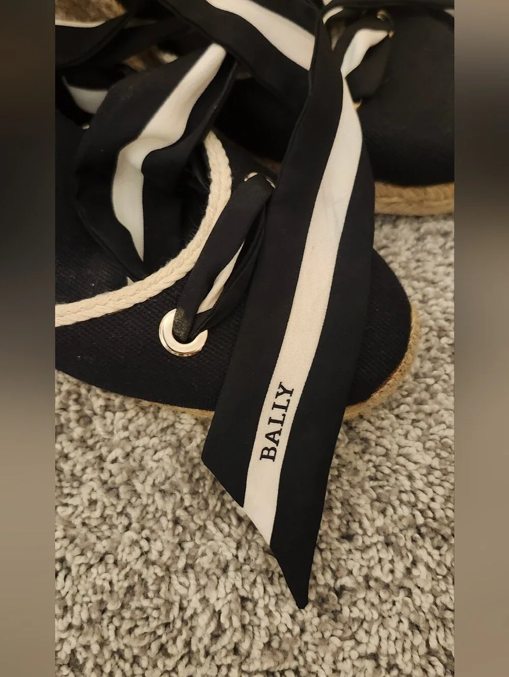 Bally $590 Wedge Espadrilles Size 8 Black/White Logo Ankle Tie